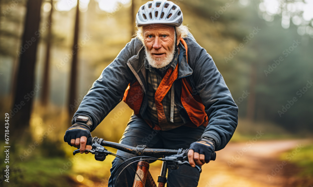 Embracing Nature: Senior Male Pedaling Through Forest Trails Embracing Nature: Senior Male Pedaling Through Forest Trails