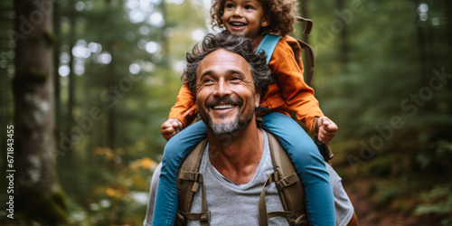 Parental Love: Father Carries Son on Forest Hiking Trail photo