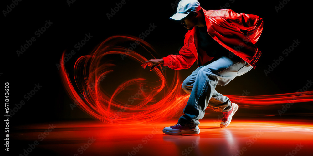 Breakdancer, alone, spinning swiftly with motion blur. - obrazy, fototapety, plakaty 