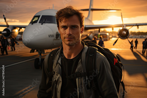 Handsome young guy with backpack in front of the plane at the airfield at sunset