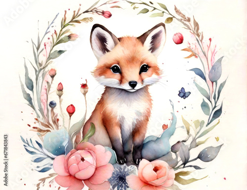 Watercolor illustration with cute animal design. Generative ai