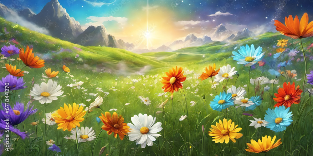 Spring landscape, blossoming field with green grass, colored flowers, blue sky with sun and clouds, trees and mountains on the horizon. Nature illustration. Generative AI