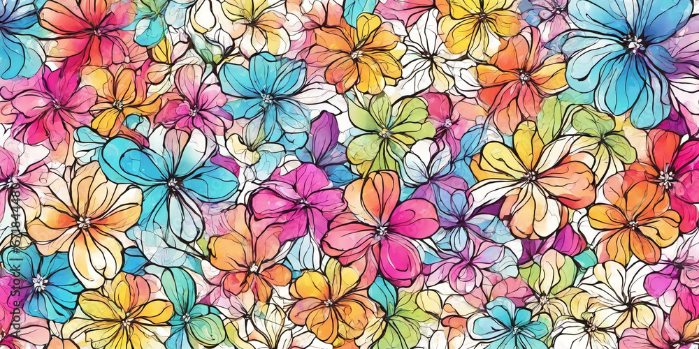 Fototapeta premium Background of many painted flowers. Nature illustration. Generative AI