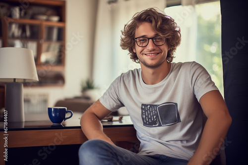 Portrait of a happy and smiling young entrepreneur in an informal office or home having coffee