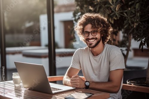 Portrait of a happy and smiling young entrepreneur with his laptop outdoors. generative ai photo