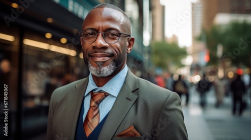 Stylish adult African American man in a nice suit, on the street of a busy city.