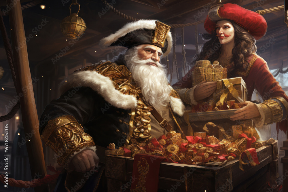Fototapeta premium Pirate Santa with a black and white striped pirate hat, hinting at adventurous holiday tales