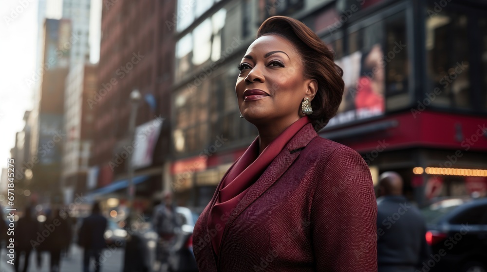 Fototapeta premium A chic and sophisticated African American woman, elegantly attired in a stunning suit, navigating the bustling streets of a busy city.