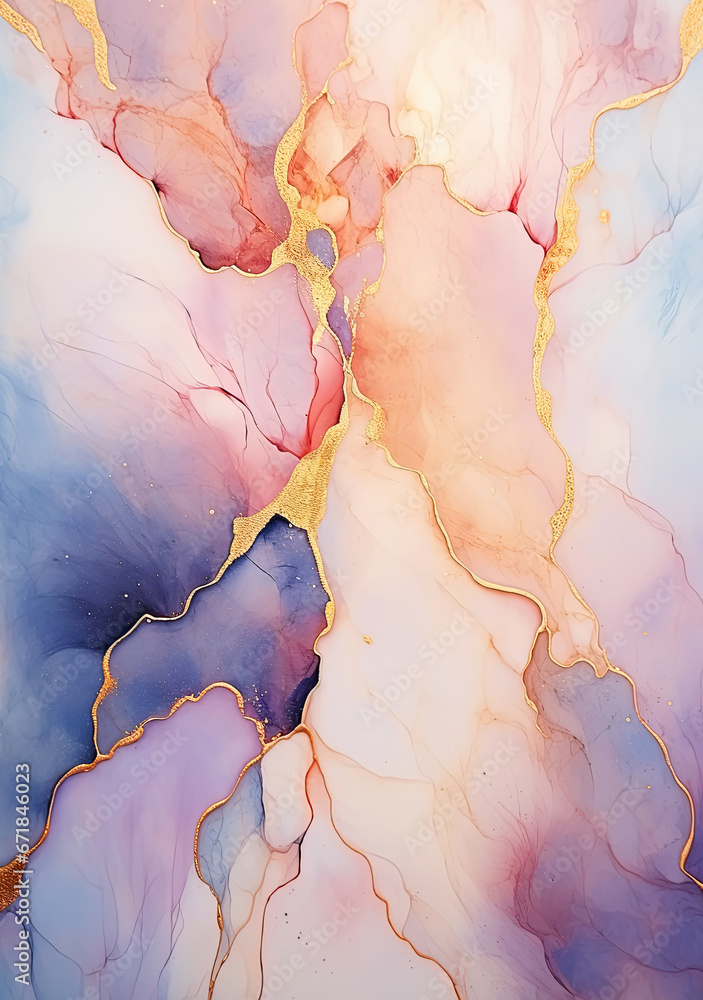 Naklejka premium Vertical abstract alcohol ink illustration in soft pastel colors with golden veins. For covers, wallpapers, branding, greeting cards, invitations, social media and other stylish projects.