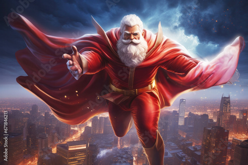 Superhero Santa dressed in a tight red suit with a white fur-lined cape flowing in the wind photo