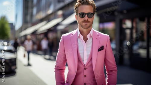  A portrait of a man, donned in a pink suit, taken on a city street. This description conveys an image of a stylish and confident individual.