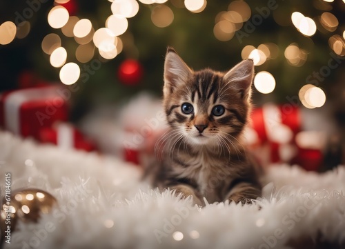 A kitten in a Santa Claus hat and a bow on his neck sits under the New Year's tree among New Year's gifts © Лена Шевчук