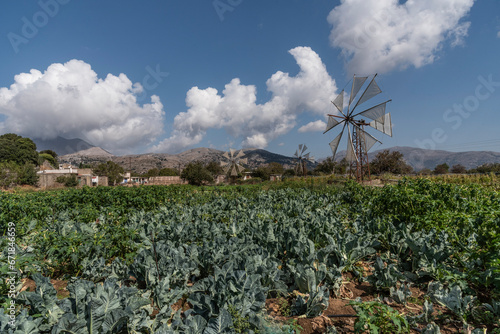 Lasithi plateau, Crete, Greece. 30.09.2023.  Windmills, distant mountains and salad style crops growing on the Lasithi Plateau in eastern Crete, Greece. photo