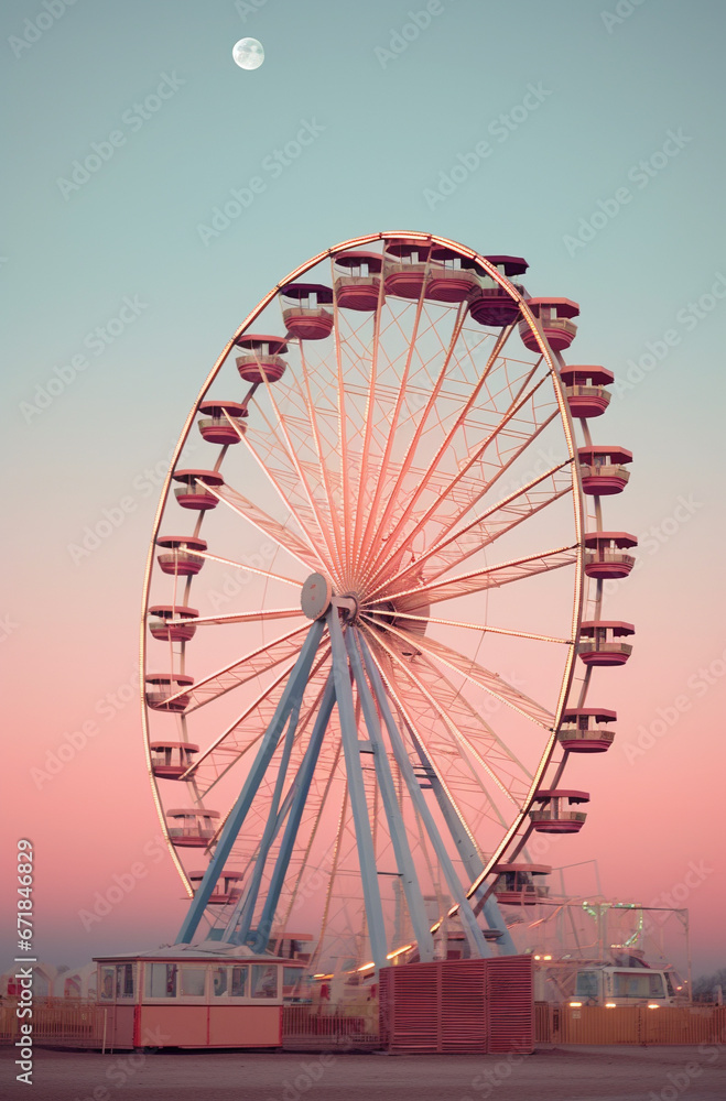 ferris wheel against the moon in night, generative ai