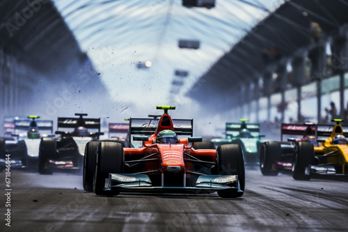 F1 car race, with multiple cars lined up on the grid, generative ai © Hammad