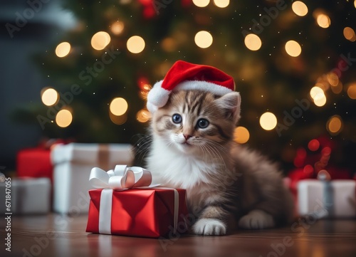 A kitten in a Santa Claus hat and a bow on his neck sits under the New Year's tree among New Year's gifts