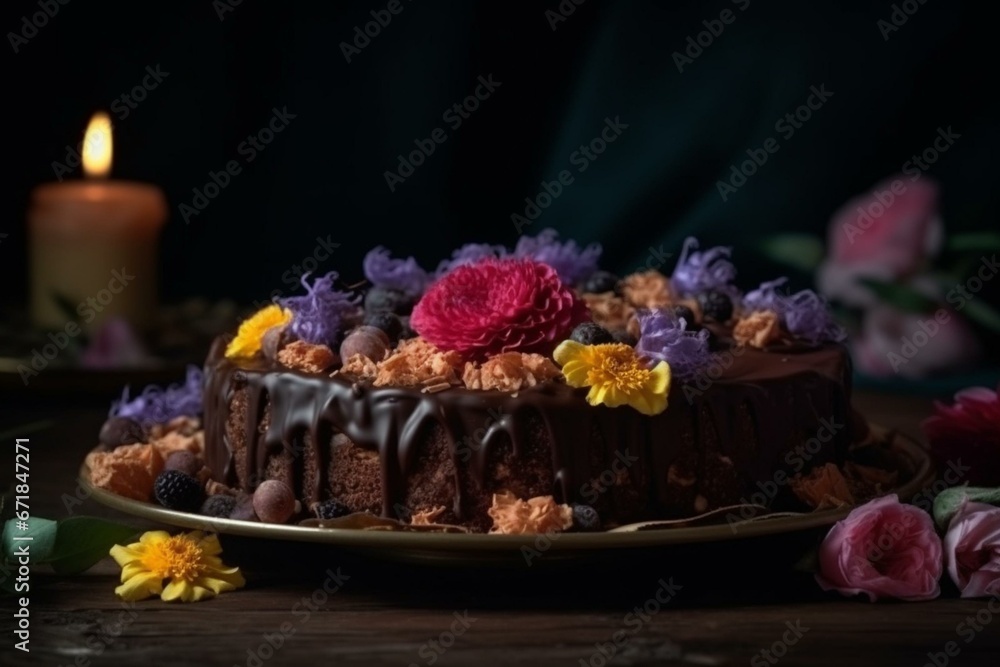 A cake with chocolate and flowers on a plate, surrounded by chocolates and flowers on a table, against a dark background with flowers. Generative AI
