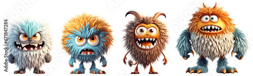 Set of funny shaggy furry angry monsters with big eyes and mouths with big white teeth, isolated on transparent background. Children's cartoon characters or cute soft toys. Generative AI photo