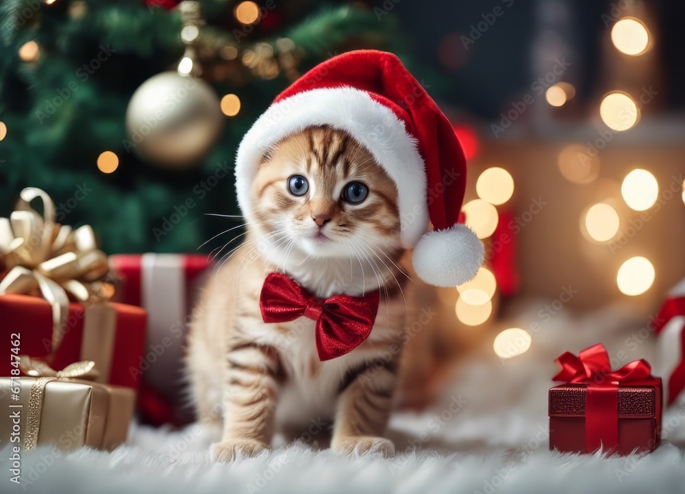 A kitten in a Santa Claus hat and a bow on his neck sits under the New Year's tree among New Year's gifts A kitten in a Santa Claus hat and a bow on his neck sits under the New Year's tree among New Year's gifts