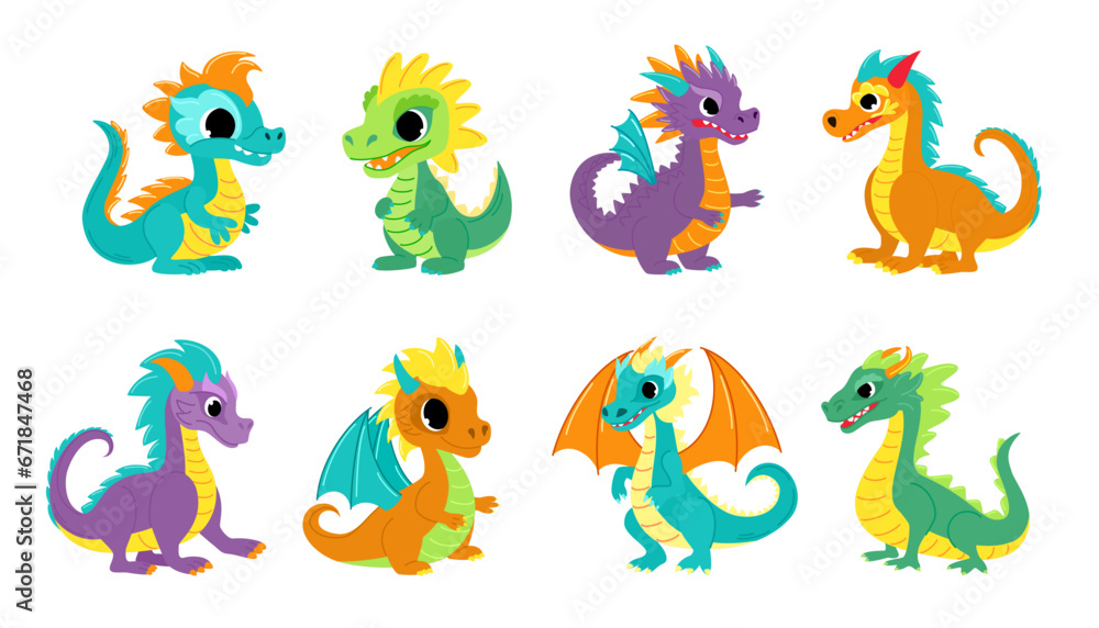 Set of cute dragons. Child dragon persona. Cartoon modern style vector illustration. Set of cute dragons. Child dragon persona. Cartoon modern style vector illustration.