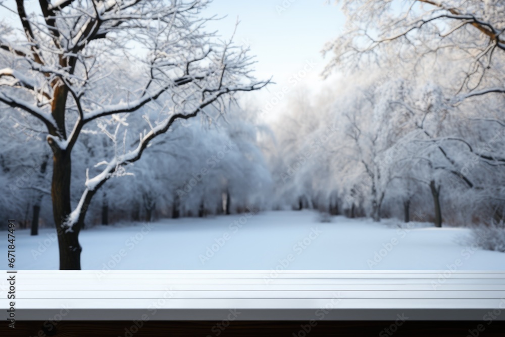 Fototapeta premium Outdoor bistro table scene. Image of a sunlit wooden table with a snowy park backdrop, ideal for showcasing your product. Generated AI