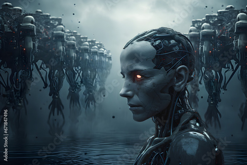 Cyborg in a dark and gloomy atmosphere depicting the fear of a potentially dangerous artificial intelligence