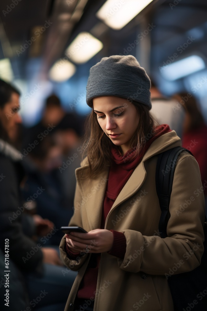 Young Woman Using Phone on Busy Train Platform Young Woman Using Phone on Busy Train Platform