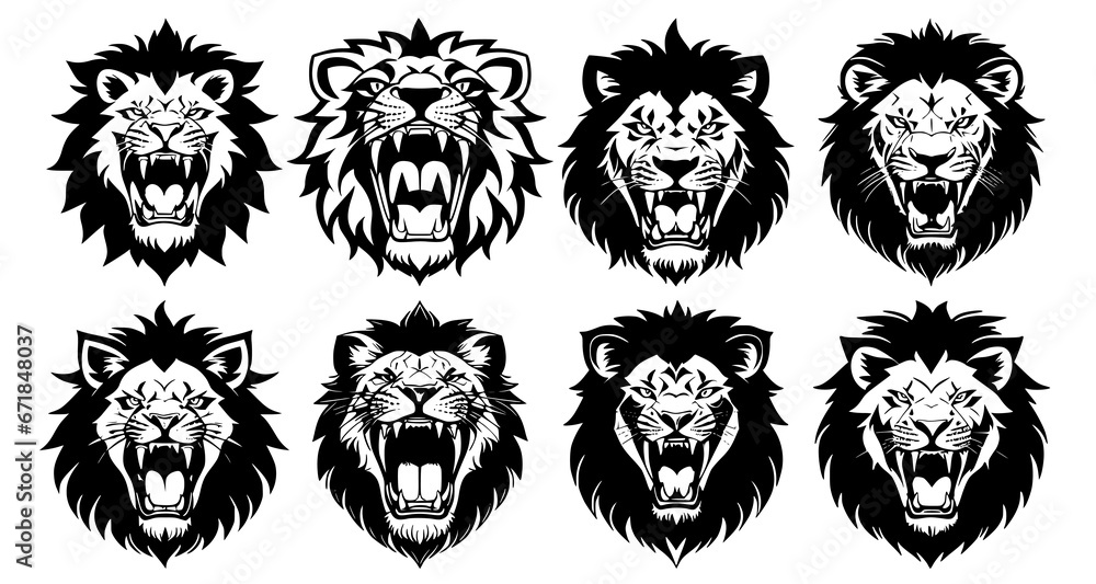 Set of lion heads with open mouth and bared fangs, with different angry expressions of the muzzle. Symbols for tattoo, emblem or logo, isolated on a white background. - obrazy, fototapety, plakaty 