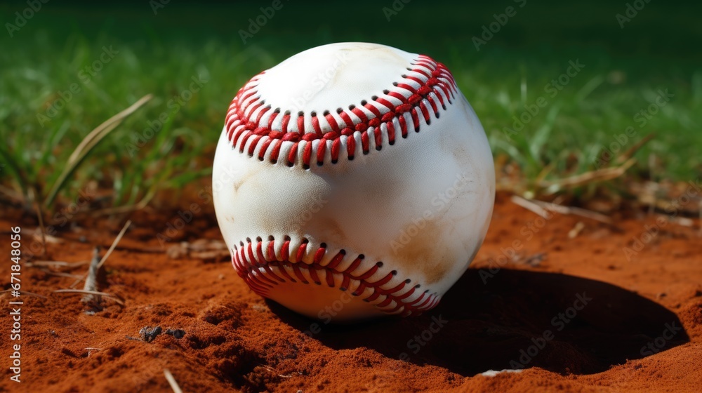 Close-up professional photo of baseball meat, damask epic style, baseball on the grass on the field of a baseball tournament league stadium