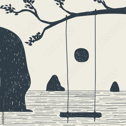 Swing on the lake landscape black stroke sketch. Roks, lake andswing on a tree branch
 on light background. Vector illustration.