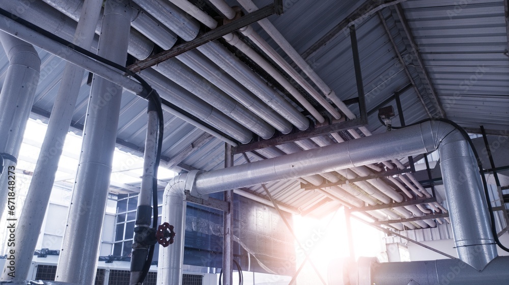 Naklejka premium Pipe line system distribution from chiller on the rooftop building chiller area.