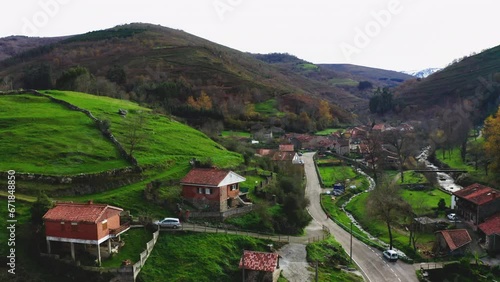 Aerial view of the Spanish town of Lamason in a green valley, Cantabria, Spain photo