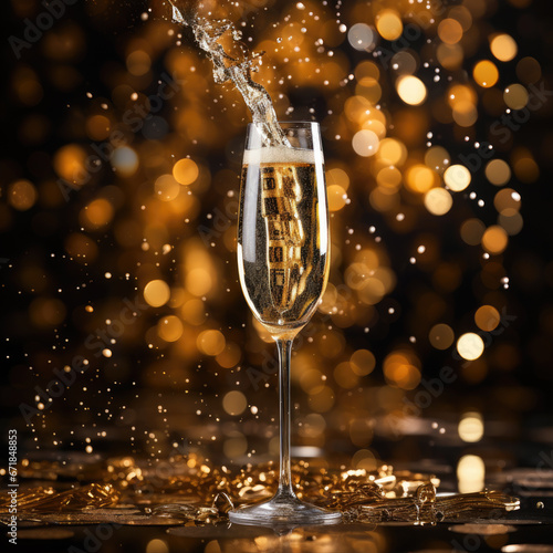 Glasses of champagne on bright background with bokeh effect.  illustration For New Year's Christmas, birthday AI technology