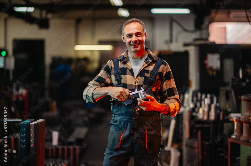 A portrait of a metal work expert holding a caliper and a metal part. A portrait of a metal work expert holding a caliper and a metal part.