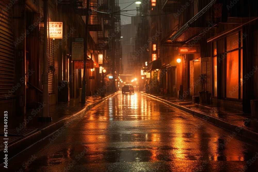 A street in the city illuminated by a warm glow, amidst heavy rain. Generative AI