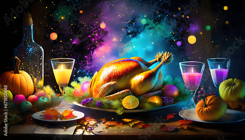 Colored and magical Thanksgiving dinner table with a turkey ready to be served