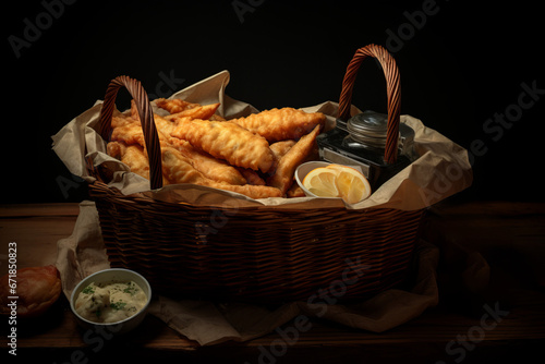 Crispy Fish and Chips: The Quintessential British Comfort Food. A plate of crispy and golden fish and chips, served with a side of tartar sauce and a wedge of lemon
