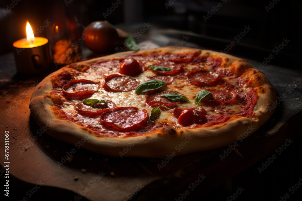 A pizza sitting on top of a wooden table. Pepperoni, mushroom and mozzarella pizza fresh from the oven on a wooden tray with a black surface.