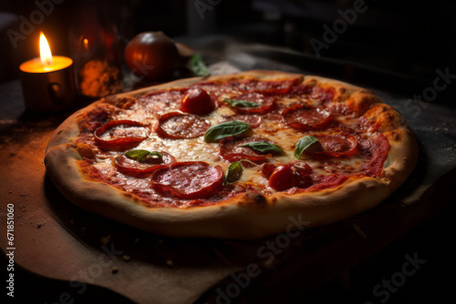 A pizza sitting on top of a wooden table. Pepperoni, mushroom and mozzarella pizza fresh from the oven on a wooden tray with a black surface.