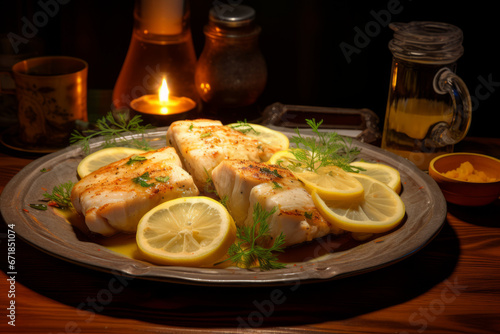 Trout cooked with citrus spices on a stone backdrop with lemon. fillet of red fish. steak trout fried with butter, lemon and parsley sauce