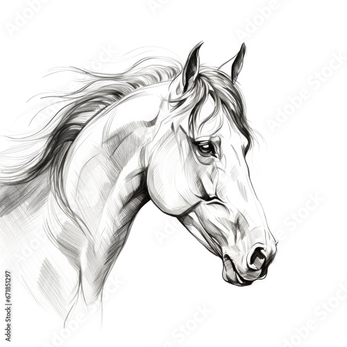 Horse Portrait in Black and White Graphic Isolated on White Background