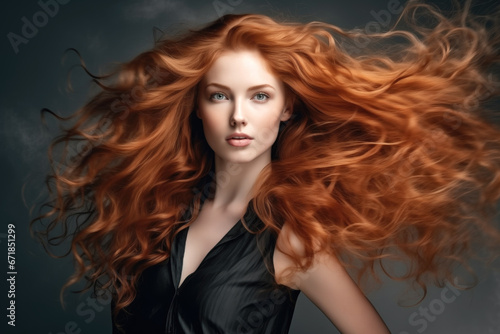 Wallpaper Mural Portrait of Beautiful Woman with Long Curly Red Wavy Hair Flying in the Wind Torontodigital.ca