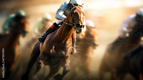 Jockey rides horse in horse racing on blurred motion sunset