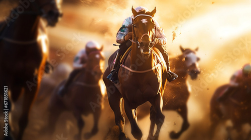 Jockey rides horse in horse racing on blurred motion sunset © BeautyStock