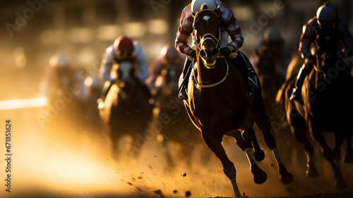 Jockey rides horse in horse racing on blurred motion sunset