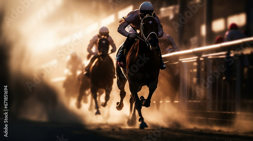 Jockey rides horse in horse racing on blurred motion sunset