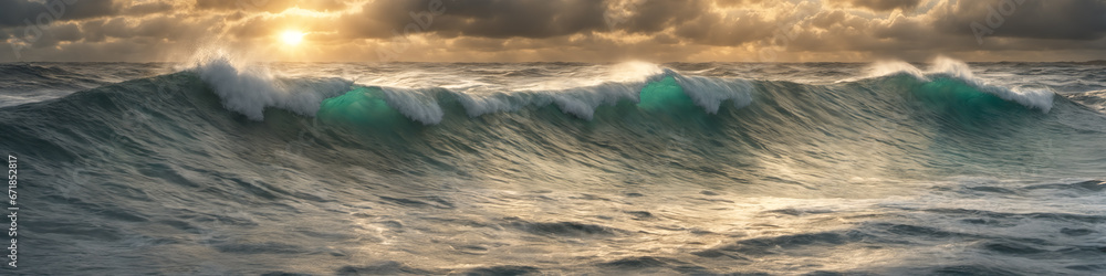 Banner with giant ocean surf wave at sunset. Seascape illustration with evening stormy sea, turquoise water with white foam and splashes, sun and cloudy sky. Generative AI