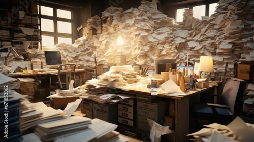 A messy office with lots of papers and papers, AI photo