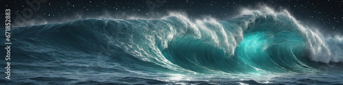 Banner with giant ocean surf wave at night. Seascape illustration with night stormy sea, turquoise water with white foam and splashes, starry sky. Generative AI photo