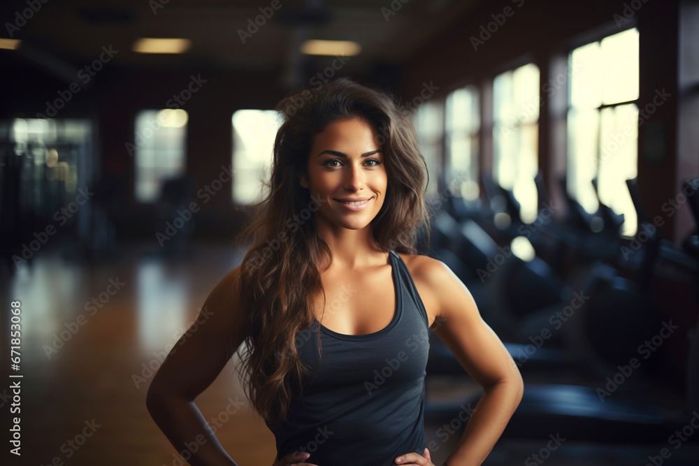 Fototapeta premium Young fitness coach woman standing in modern sport club interior. Active sport life getting fit healthy lifestyle concept. Female personal trainer gray t shirt smiling at camera in gym arms on hips